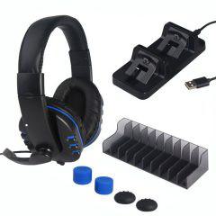 PS4 Slim/Pro 5 σε 1 Game Pack Headset, Βάση Φόρτισης για 2 Χειριστήρια, Βάση Παιχνιδιών, Τάπες Joystick Dobe TP4-18101 – Μαύρο - Sfyri.gr - Ηλεκτρονικό
